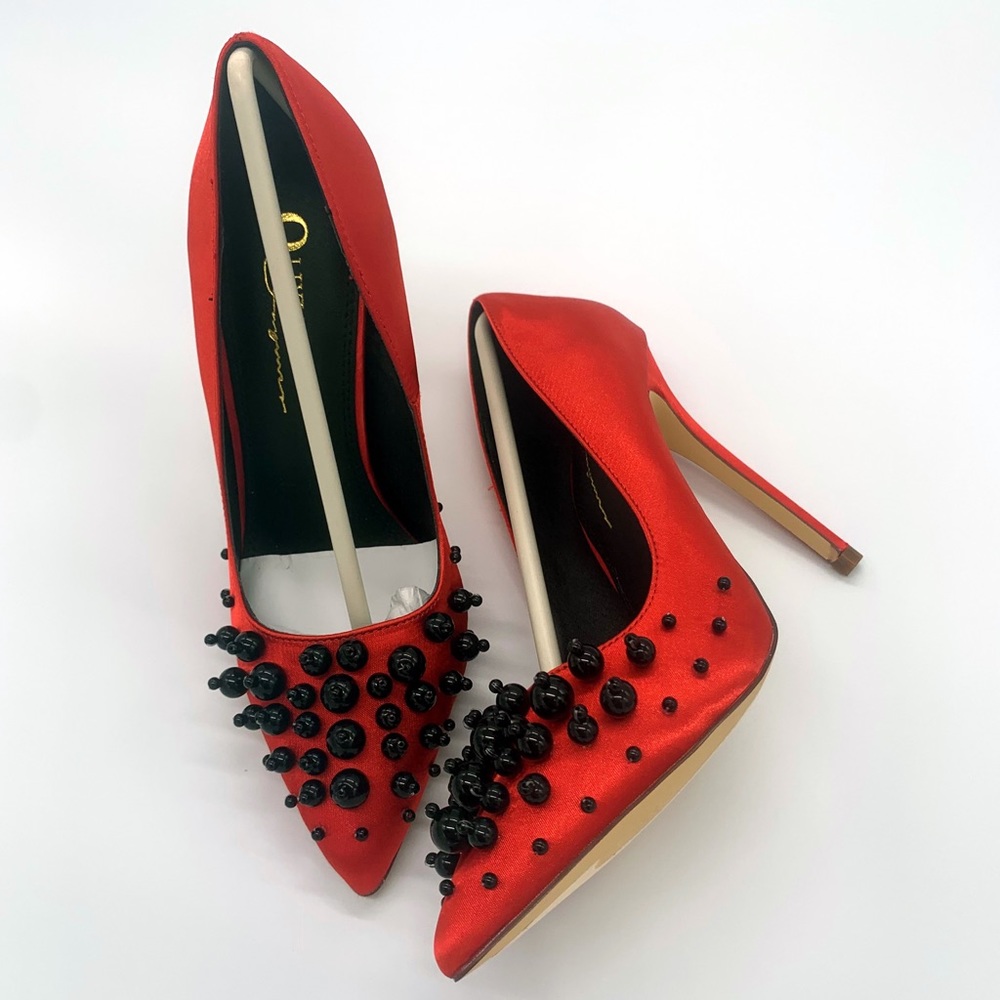 Sexy Red Satin & Black Spikes Heels